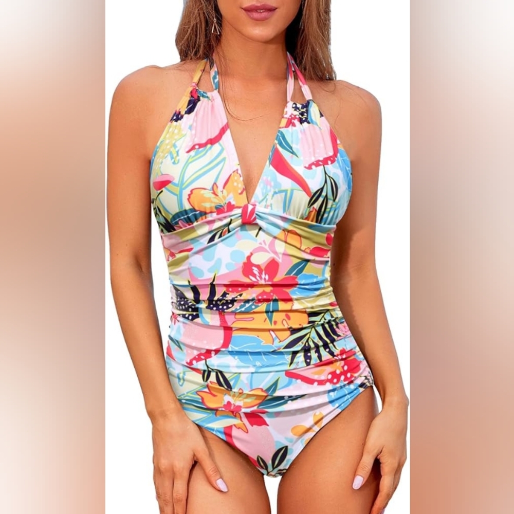 Women One Piece Swimsuits Tummy Control Halter Bathing Suits Sexy Ruched Slimmin